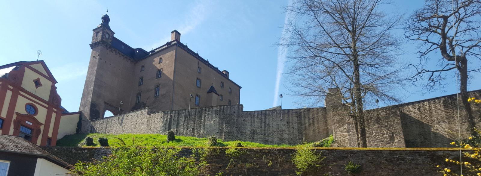 Blick auf Schloss Malberg von der Terrasse