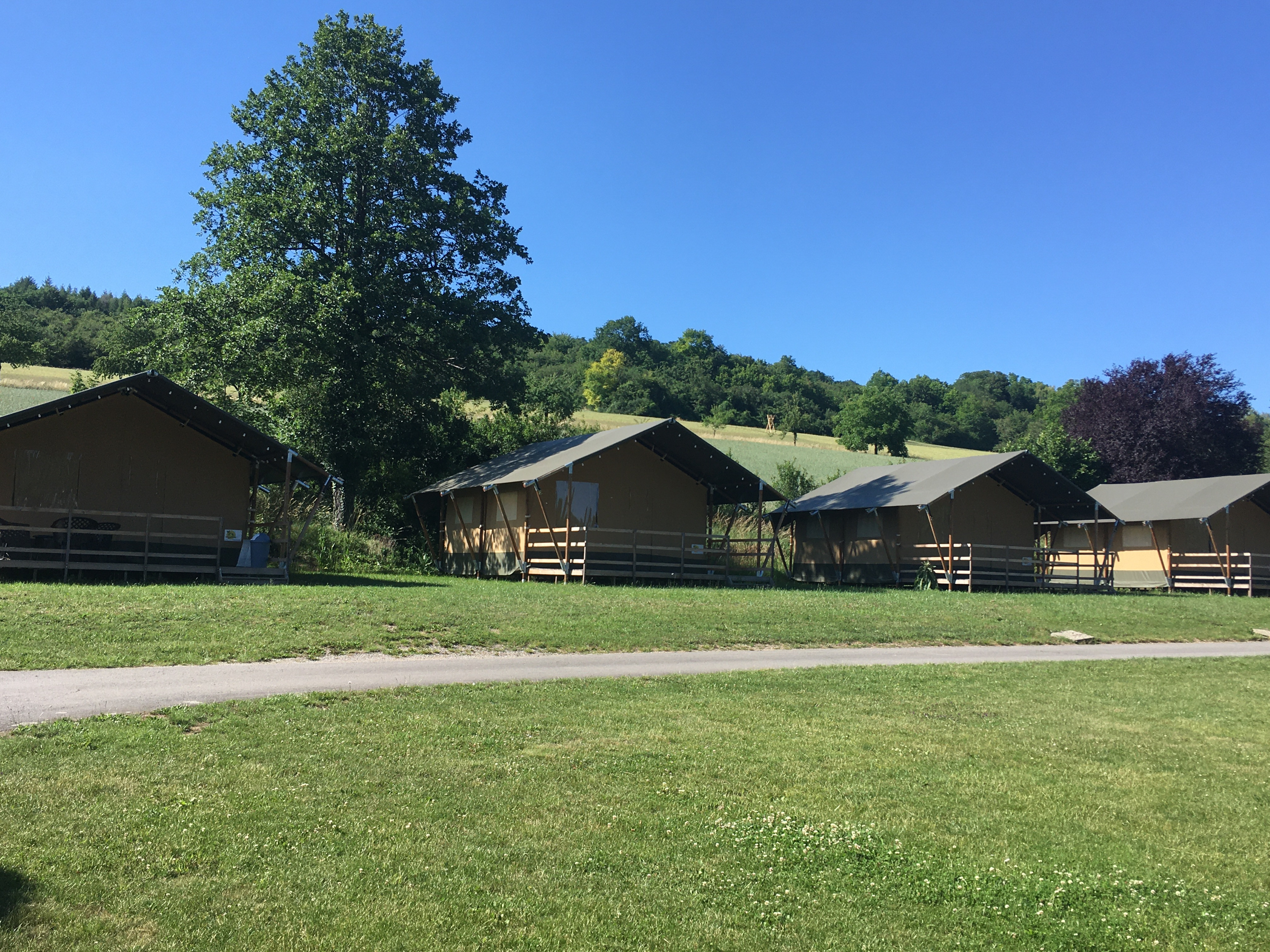 Außenansicht der Safarizelte auf dem CampingplatzWalsheim