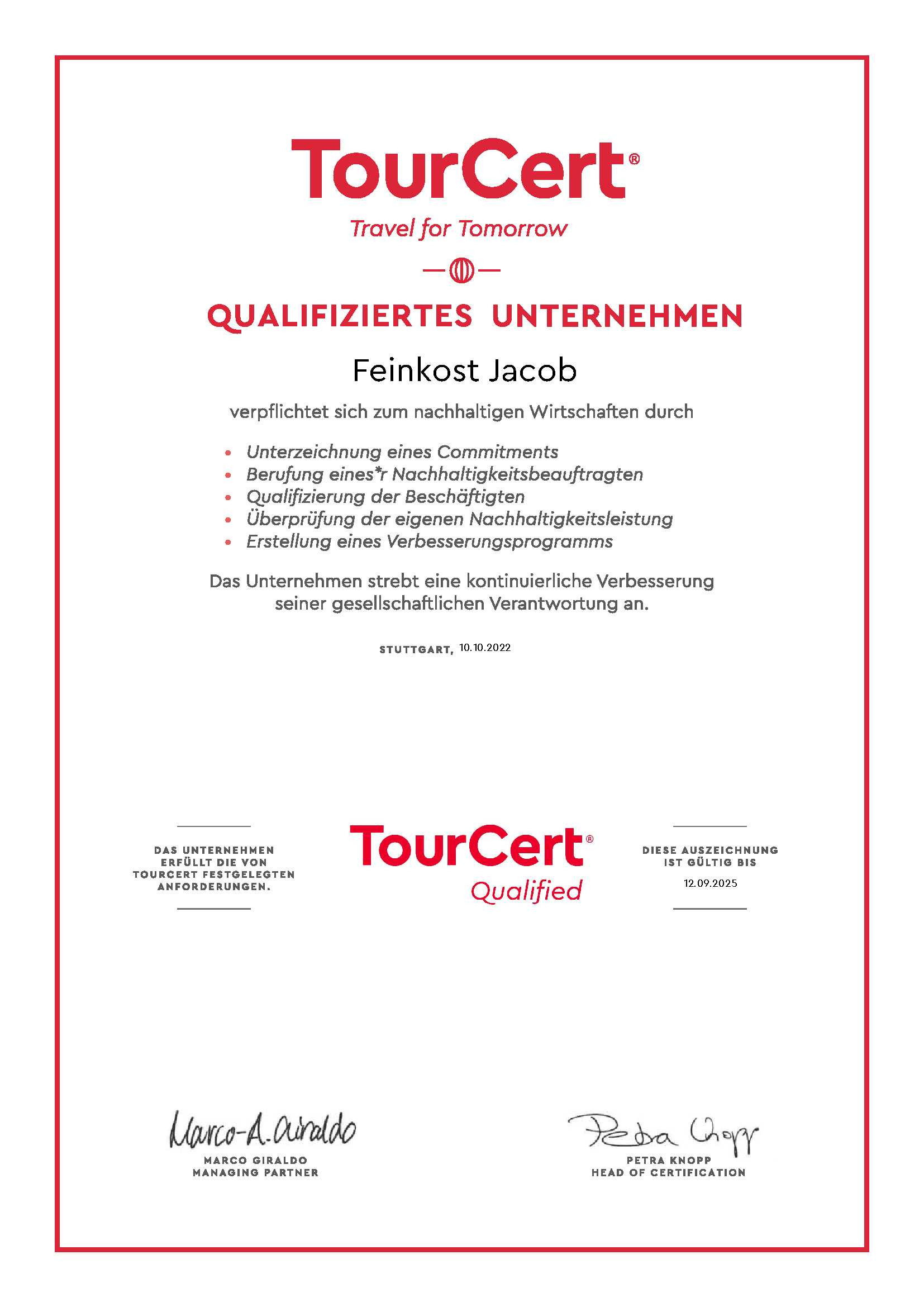 TourCert, Qualifiziertes Unternehmen Feinkost Jacob