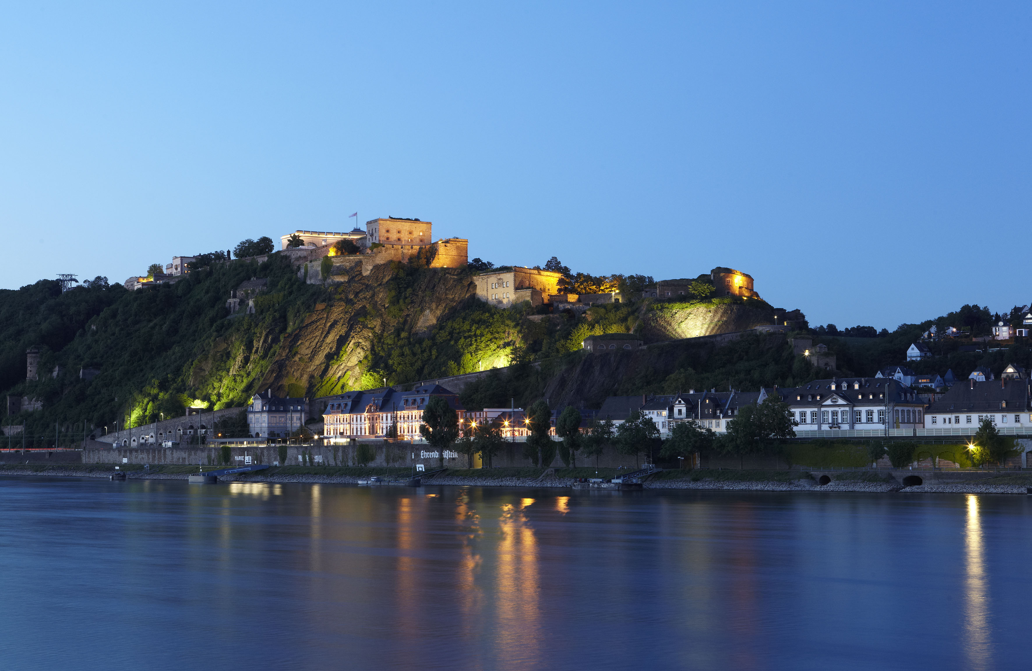 Koblenz, Germany. 30th Apr, 2020. Ehrenbreitstein Fortress, the largest  part of the major Koblenz fortress, is situated high above the Rhine with a  view of the city and the Deutsches Eck at