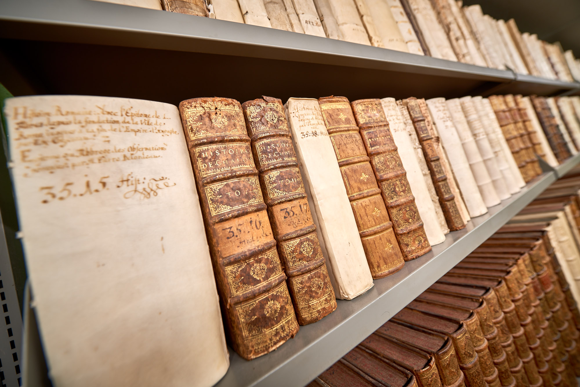 Historische Buchrücken in einem langen Regal.