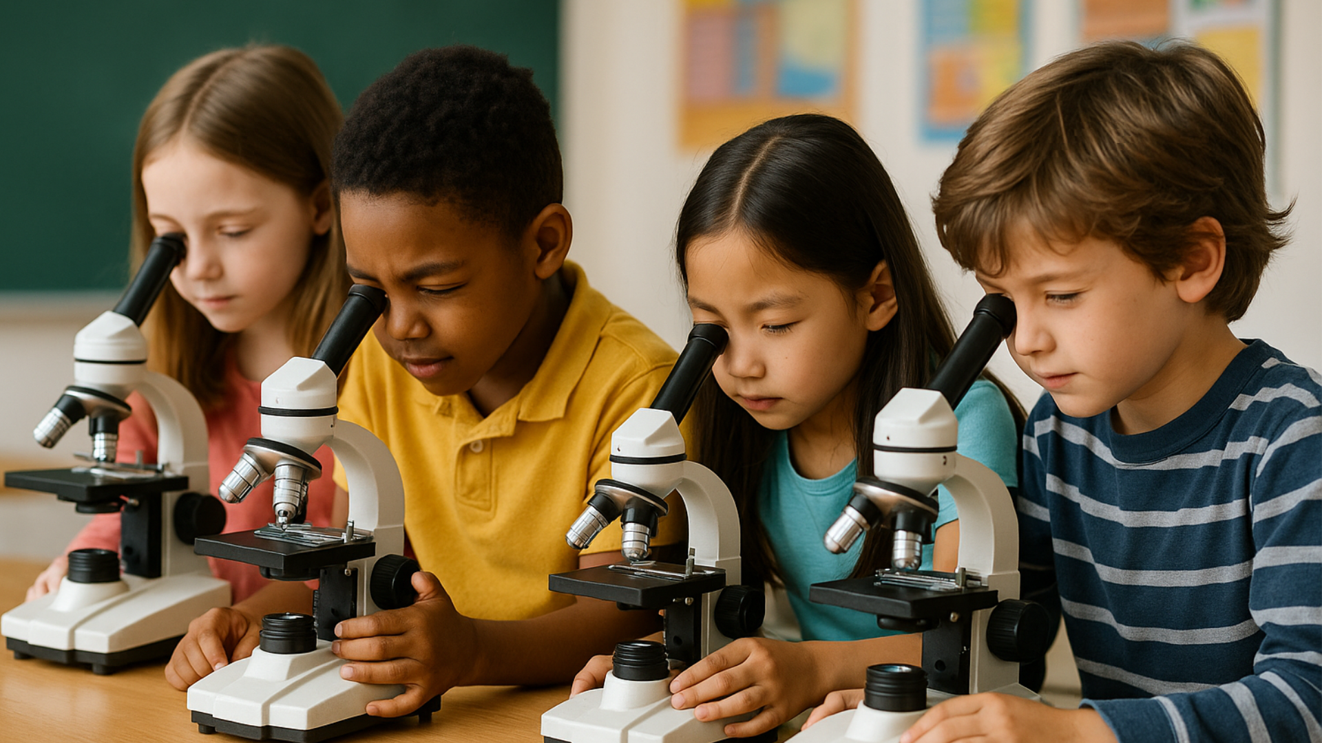 4 Kinder die sitzen und jeder schaut durch ein Mikroskop