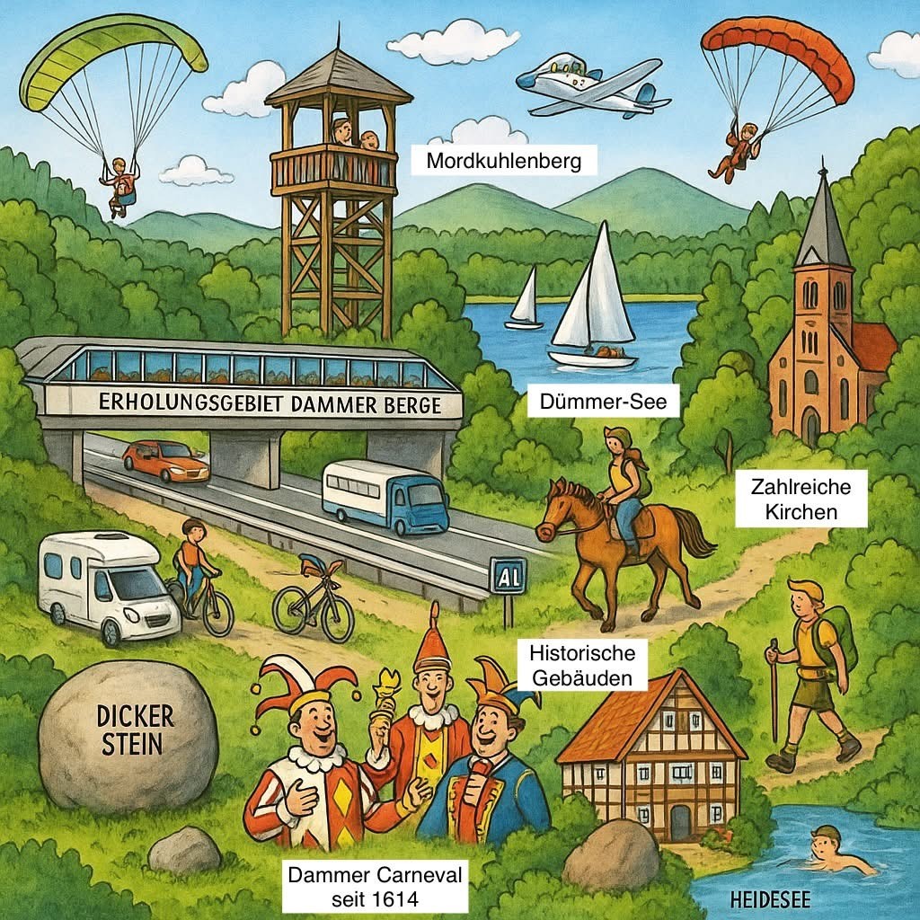 Wimmelbild Dammer Berge KI