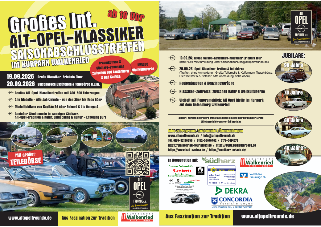 Alt-Opel-Freunde e.V. Saisonabschlusstreffen 19.09. & 20.09.26 Südharz