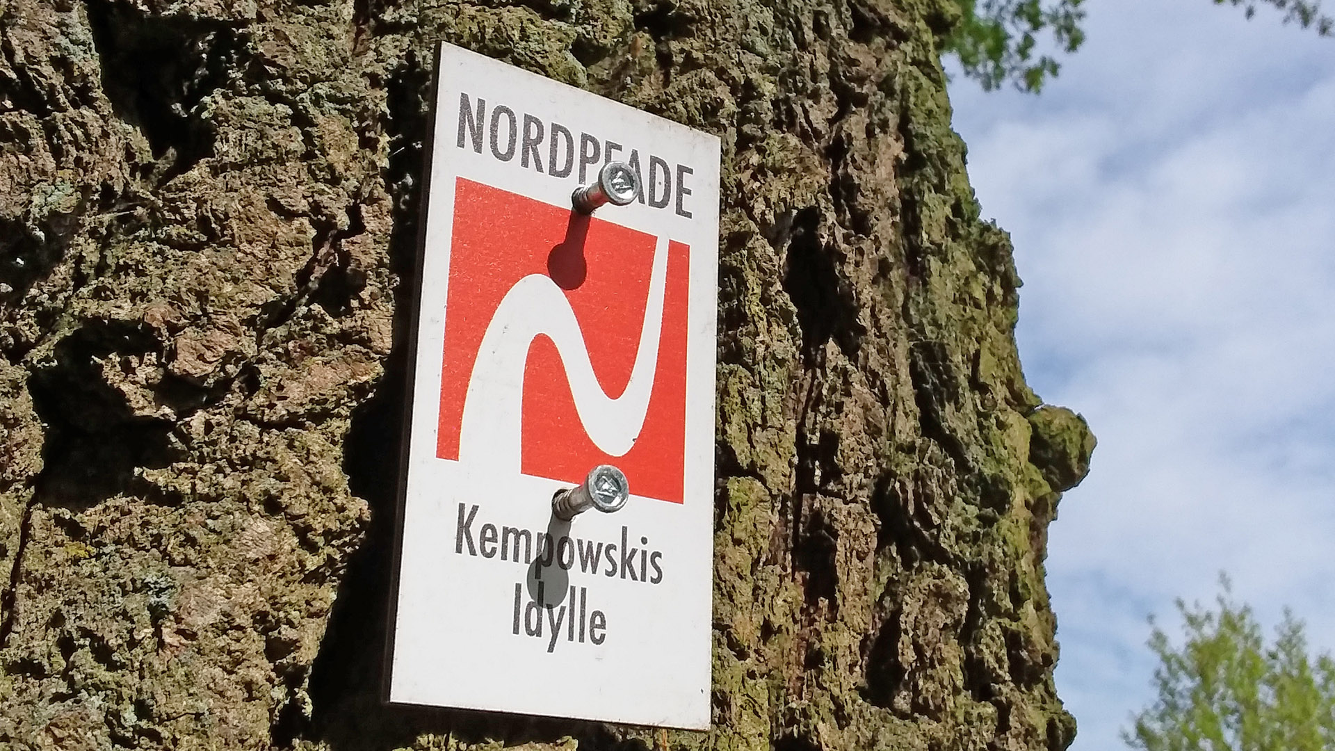 Markierungszeichen vom NORDPFAD Kempowskis Idylle an einem Baum