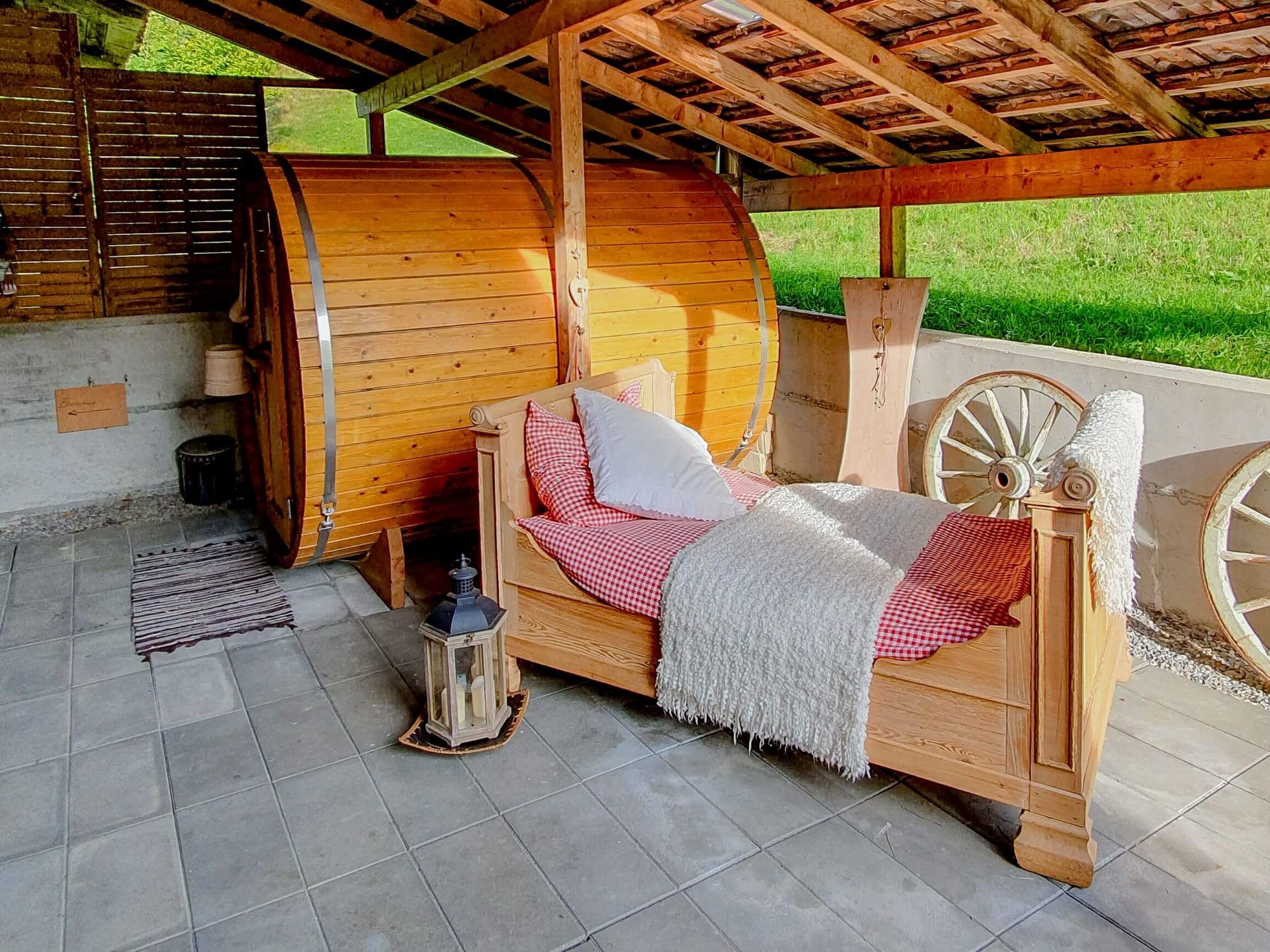 Sauna and wooden couch