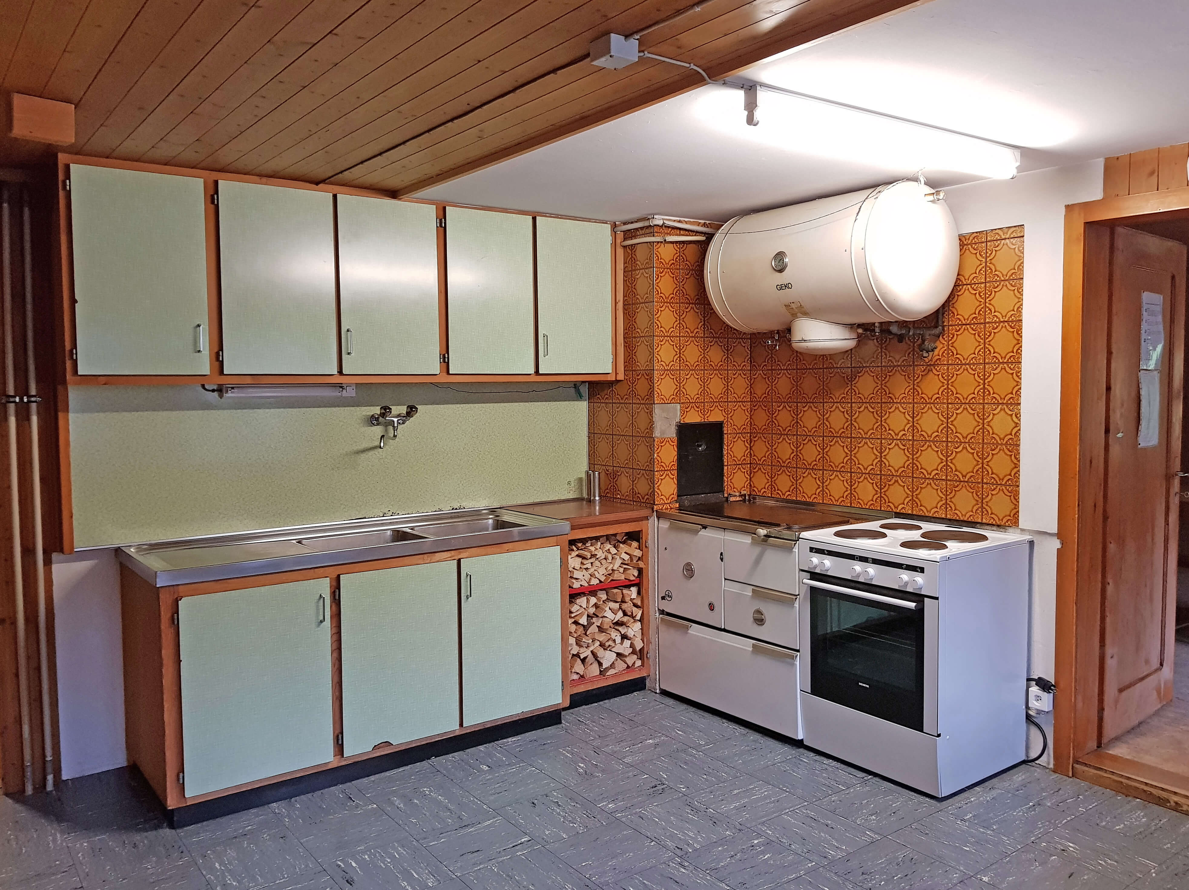 Kitchen with wood stove