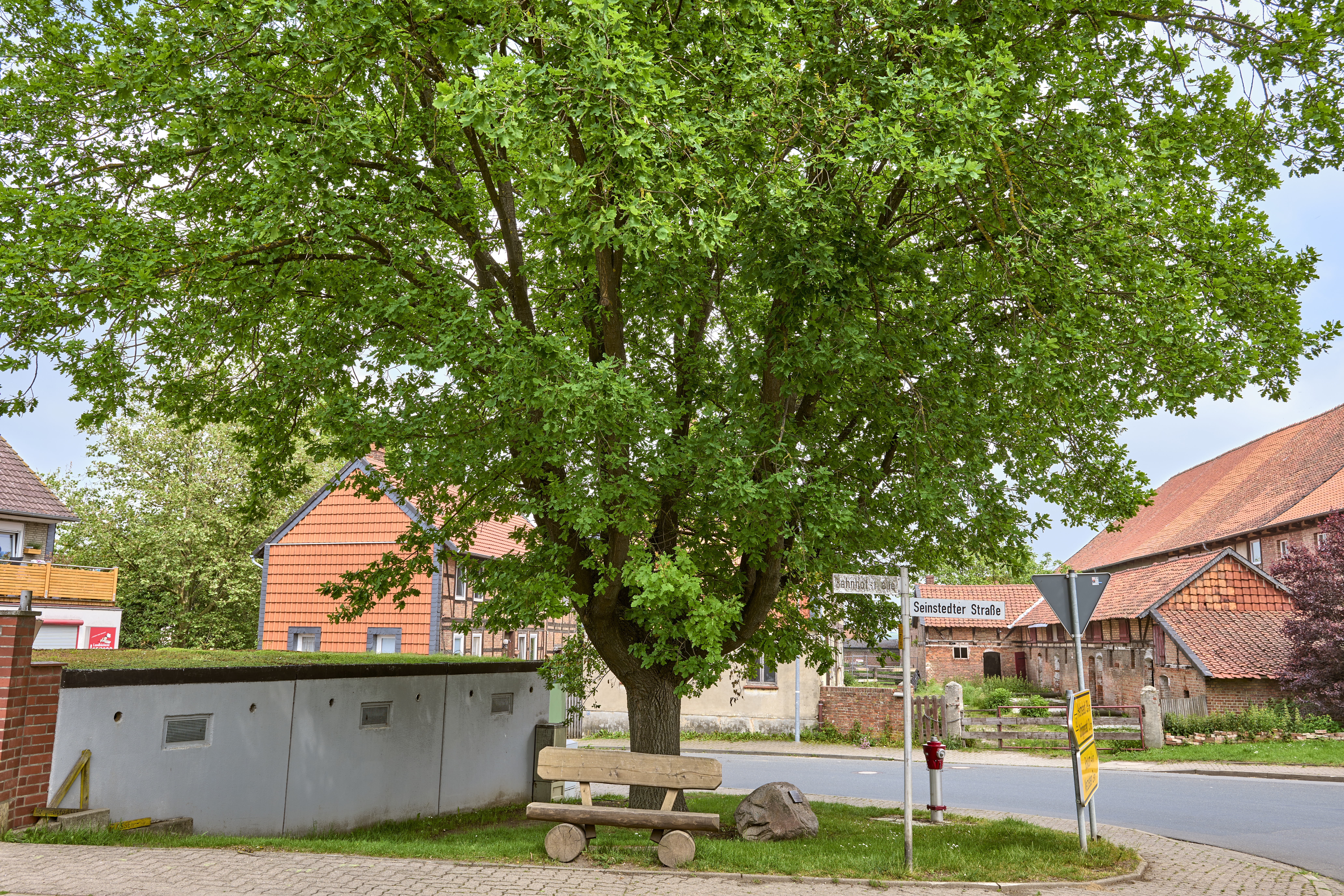 Rastplatz unter einer Eiche in der Ortsmitte