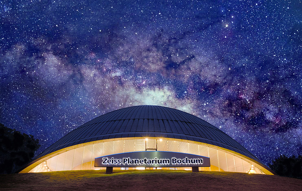 <p>Das Bild zeigt das beeindruckende Zeiss Planetarium in Bochum, dessen futuristische Kuppel sich majestätisch vor einem funkelnden Nachthimmel mit der Milchstraße abhebt. Diese visuelle Reise durch das Universum macht das Planetarium zu einem idealen Ausflugsziel für Astronomiebegeisterte.</p>